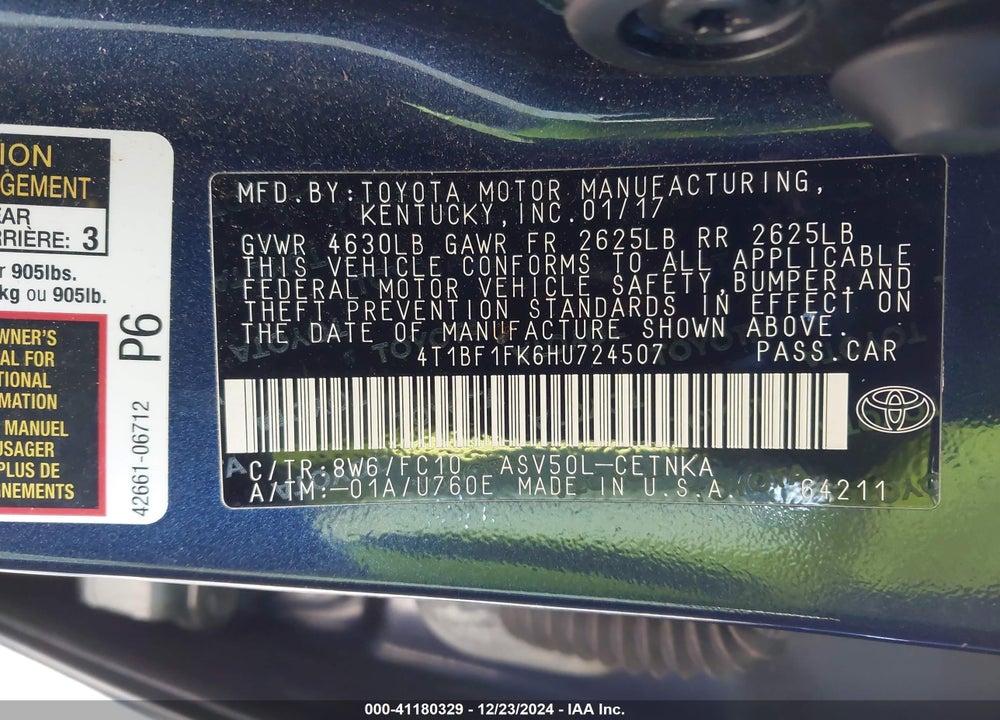 2017 TOYOTA CAMRY LE VIN: 4T1BF1FK6HU724507