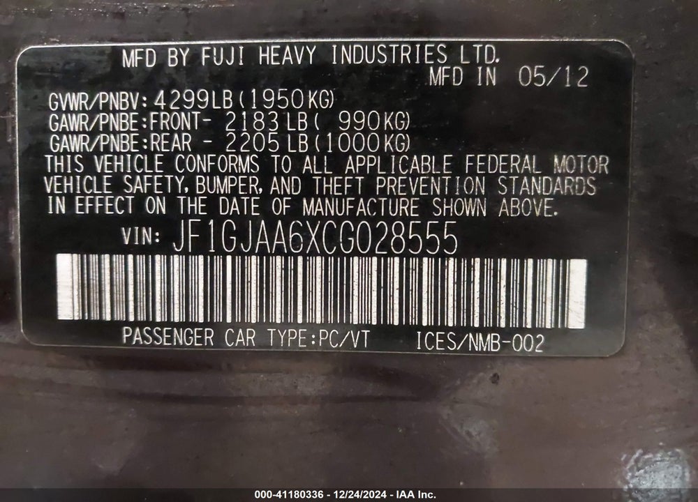 2012 SUBARU IMPREZA 2.0I VIN: JF1GJAA6XCG028555