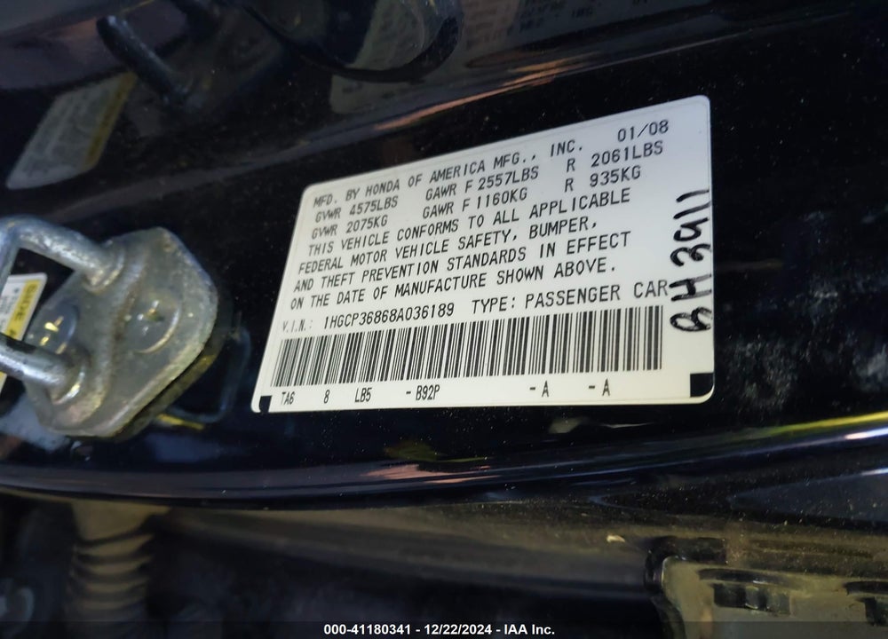 2008 HONDA ACCORD VIN: 1HGCP36868A036189