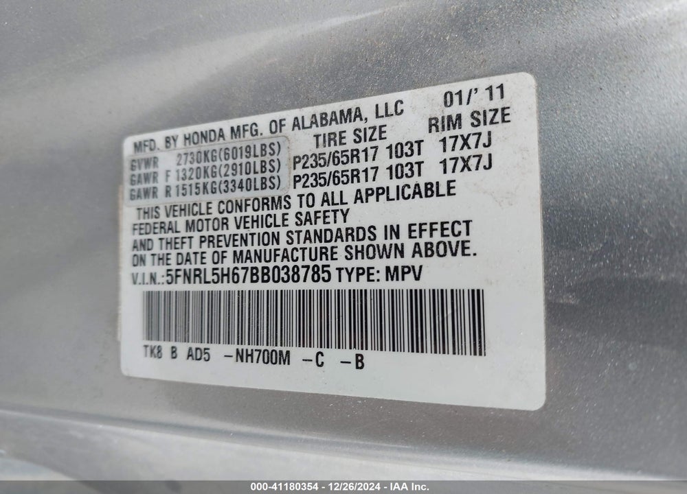 2011 HONDA ODYSSEY EX-L VIN: 5FNRL5H67BB038785