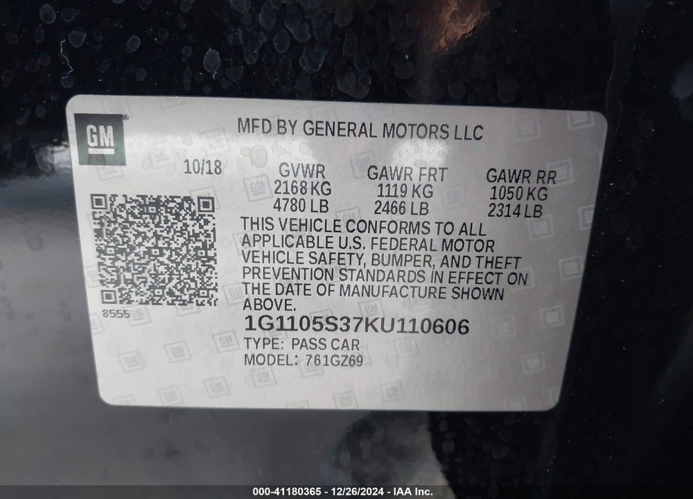 2019 CHEVROLET IMPALA PREMIER VIN: 1G1105S37KU110606