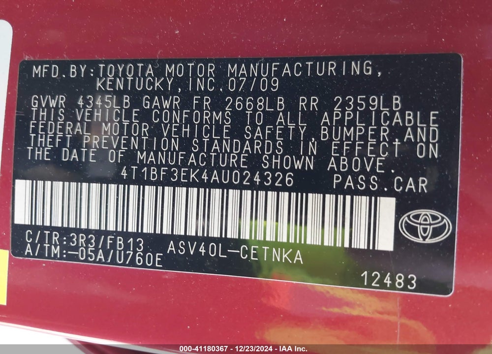 2010 TOYOTA CAMRY VIN: 4T1BF3EK4AU024326