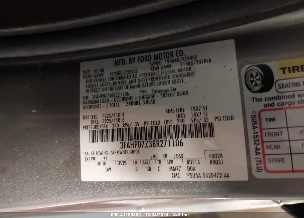 2008 FORD FUSION SE VIN: 3FAHP07Z38R271106