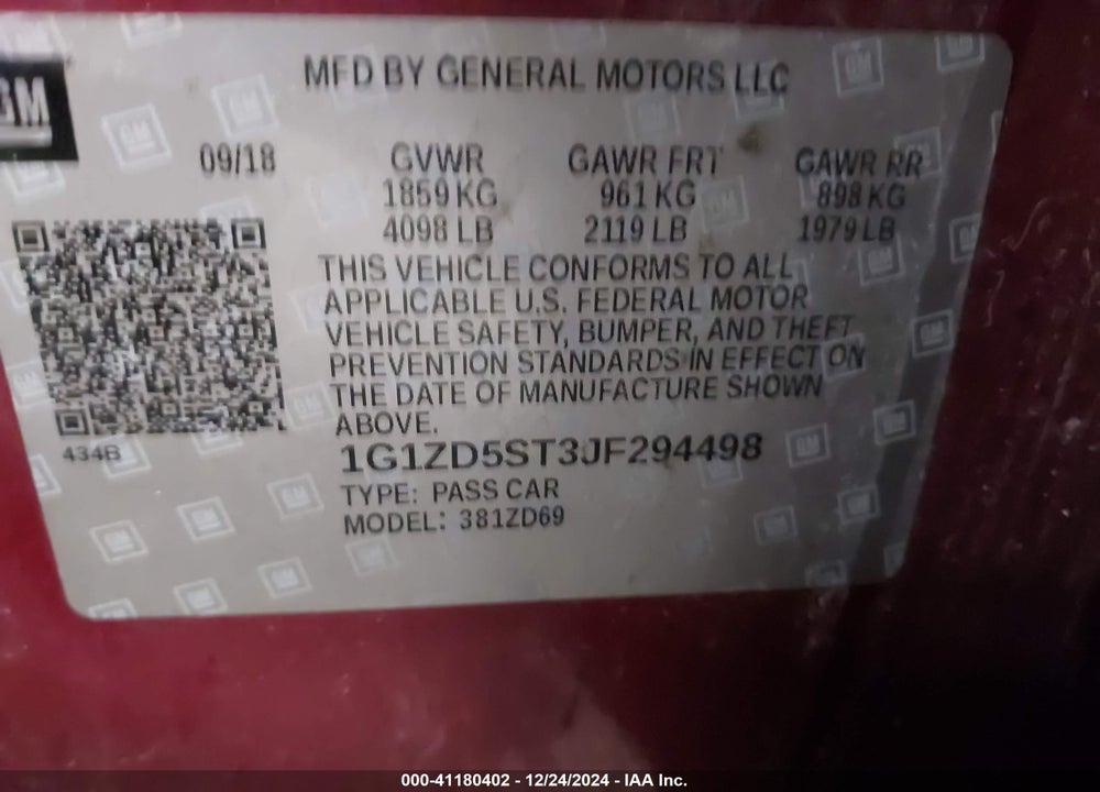 2018 CHEVROLET MALIBU VIN: 1G1ZD5ST3JF294498