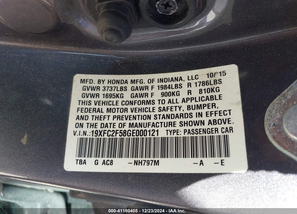 2016 HONDA CIVIC VIN: 19XFC2F58GE000121