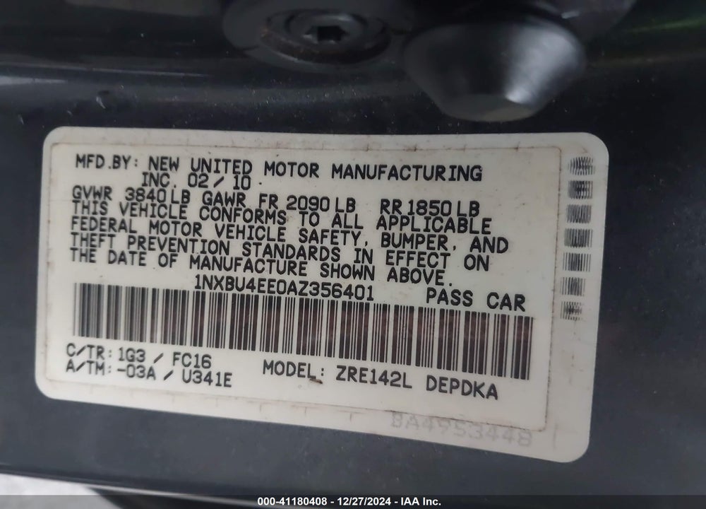 2010 TOYOTA COROLLA VIN: 1NXBU4EE0AZ356401