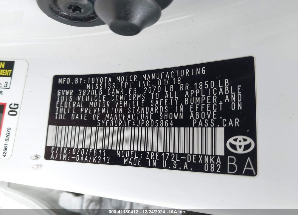 2018 TOYOTA COROLLA VIN: 5YFBURHE4JP805864