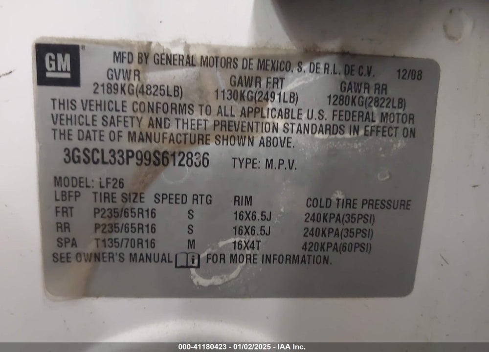 2009 SATURN VUE 4-CYL XE VIN: 3GSCL33P99S612836