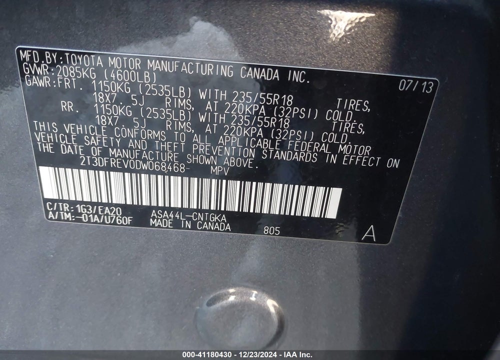 2013 TOYOTA RAV4 LIMITED VIN: 2T3DFREV0DW068468