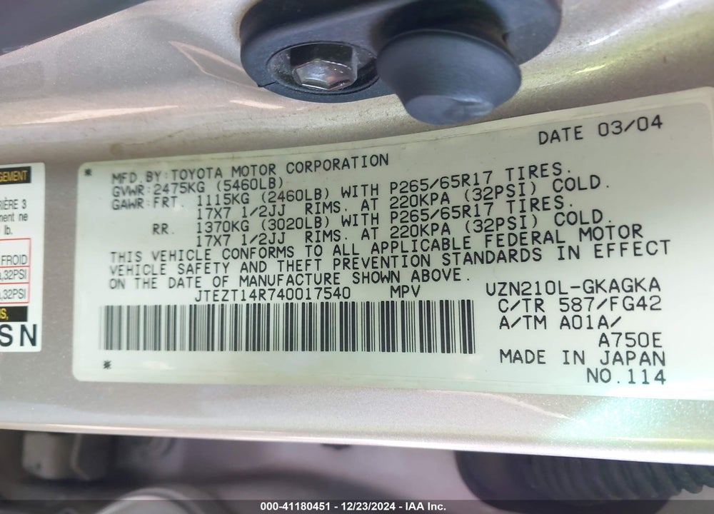 2004 TOYOTA 4RUNNER SR5 V8 VIN: JTEZT14R740017540