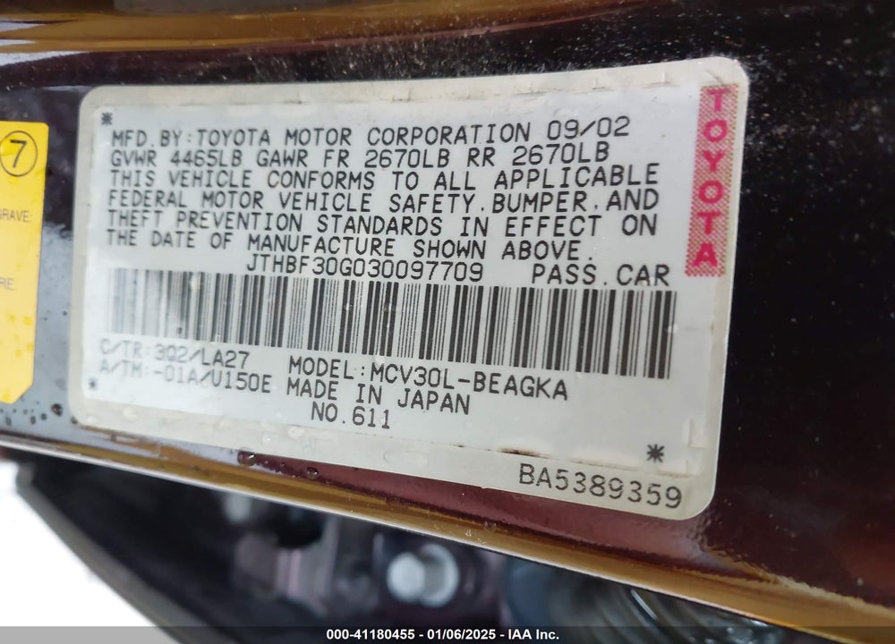 2003 LEXUS ES 300 VIN: JTHBF30G030097709