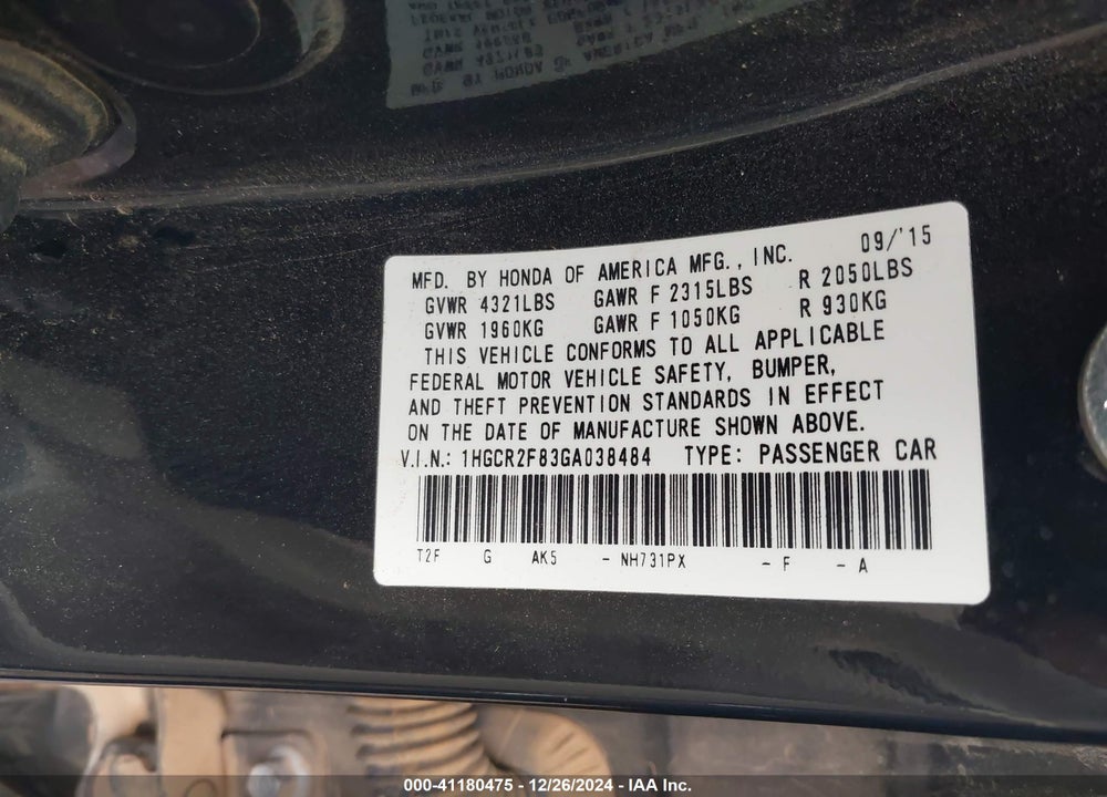 2016 HONDA ACCORD VIN: 1HGCR2F83GA038484