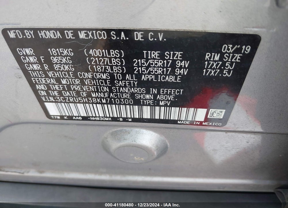 2019 HONDA HR-V LX VIN: 3CZRU5H38KM710300