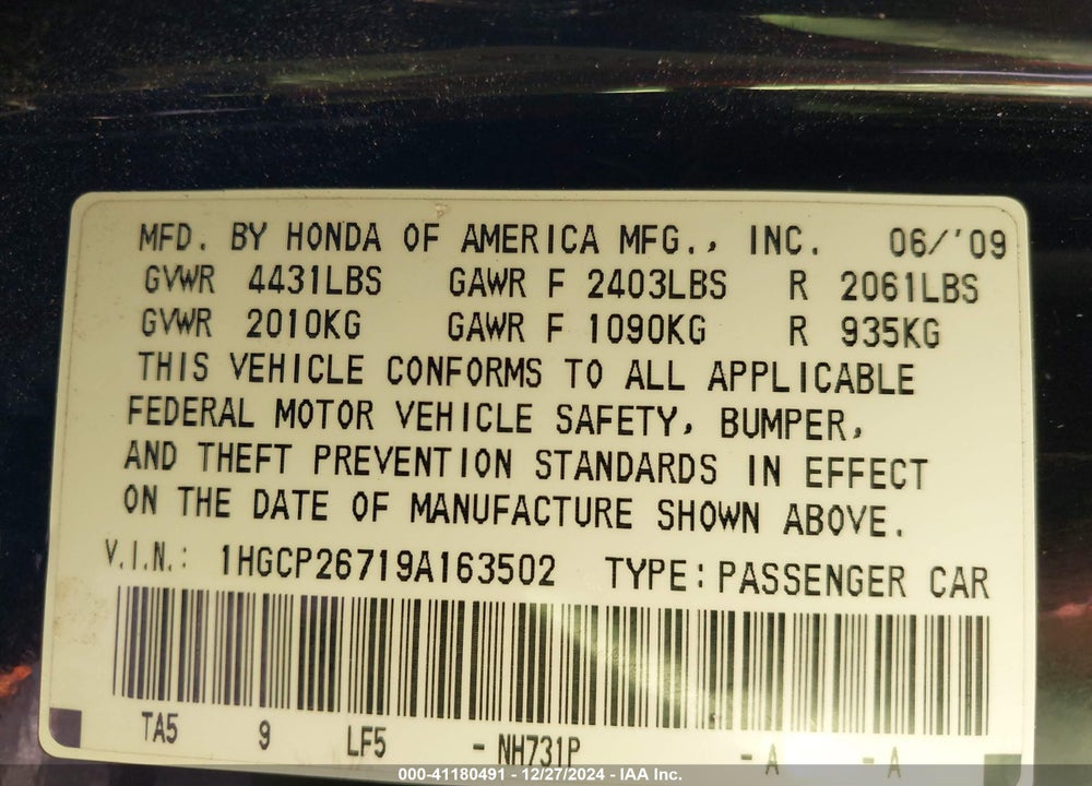 2009 HONDA ACCORD 2.4 EX VIN: 1HGCP26719A163502