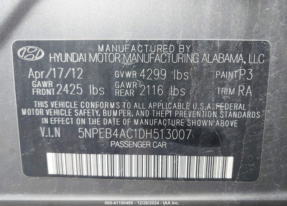 2013 HYUNDAI SONATA GLS VIN: 5NPEB4AC1DH513007