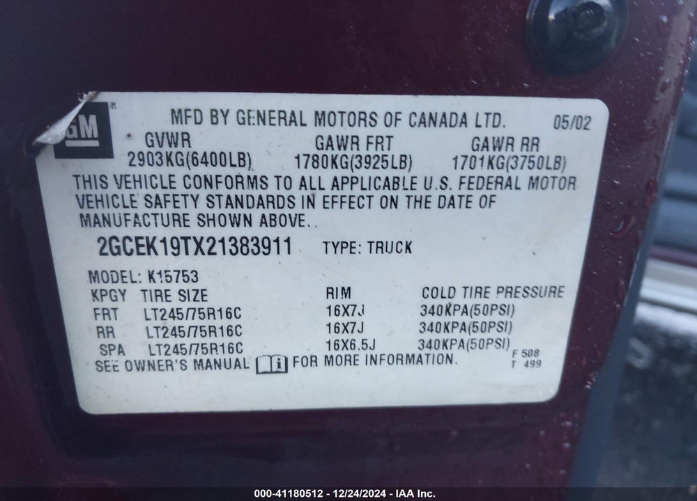 2002 CHEVROLET SILVERADO 1500 LS VIN: 2GCEK19TX21383911