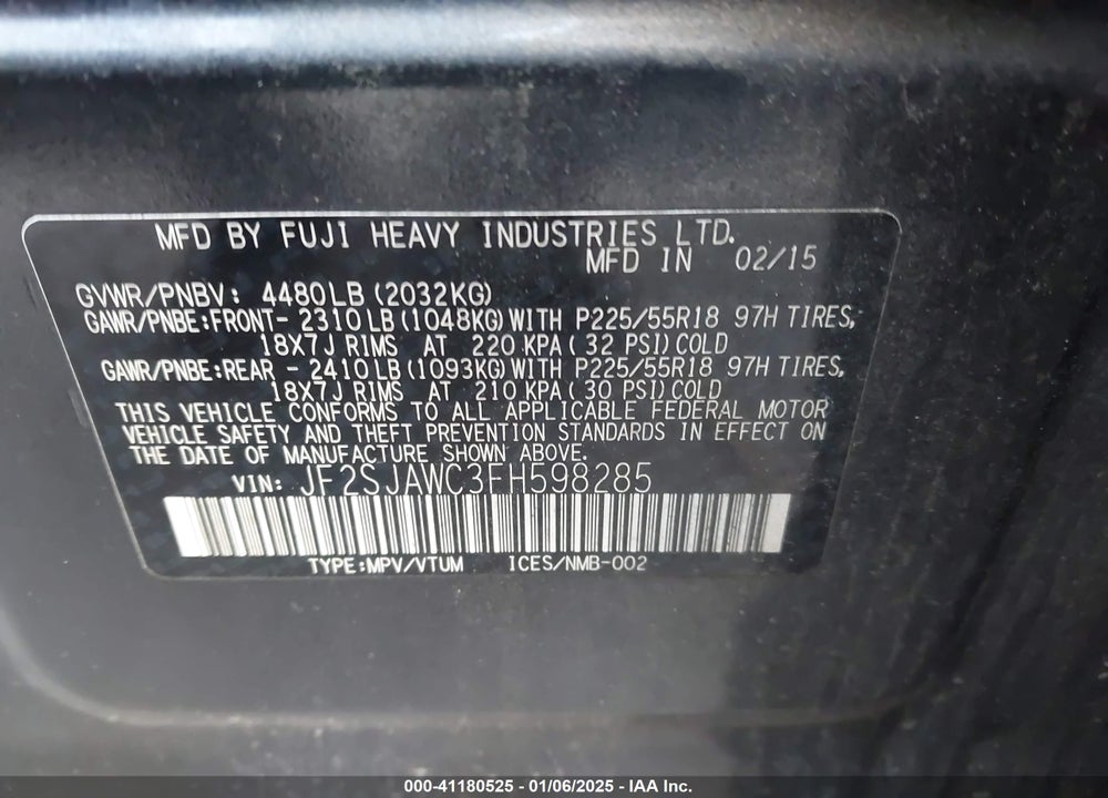 2015 SUBARU FORESTER 2.5I TOURING VIN: JF2SJAWC3FH598285
