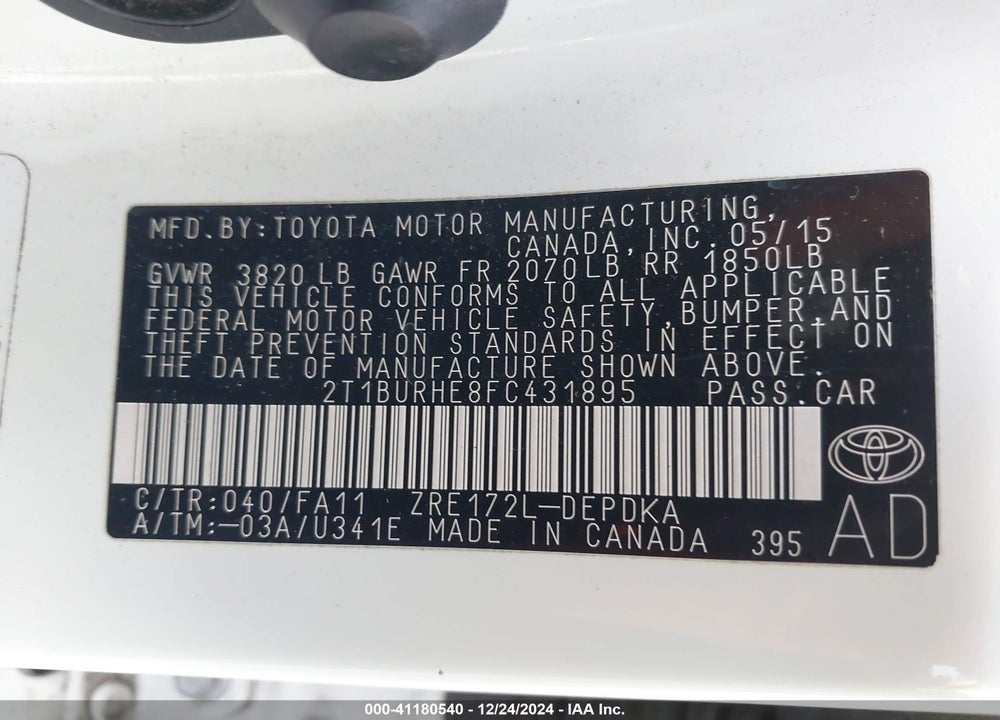 2015 TOYOTA COROLLA L VIN: 2T1BURHE8FC431895