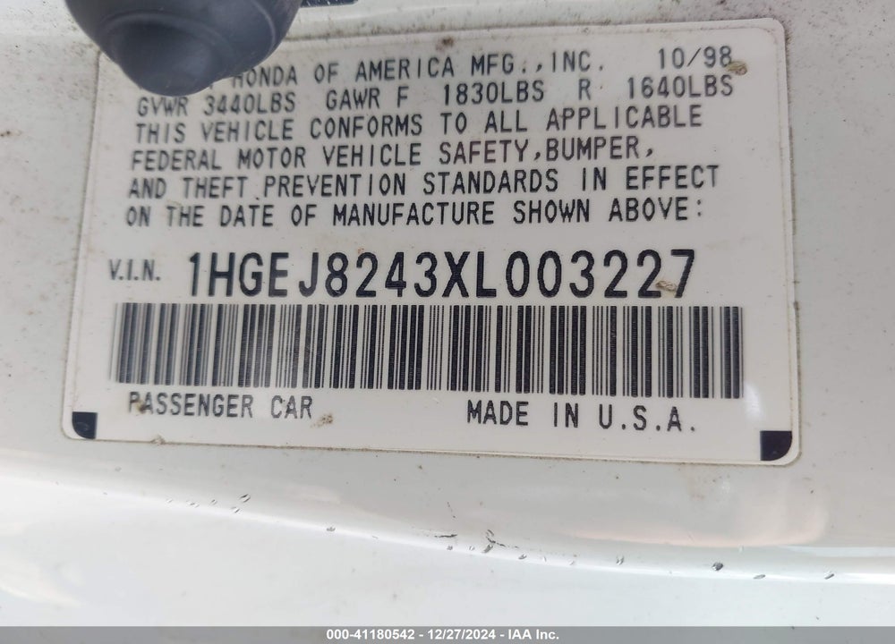1999 HONDA CIVIC EX VIN: 1HGEJ8243XL003227