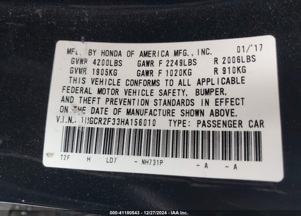 2017 HONDA ACCORD LX VIN: 1HGCR2F33HA156010
