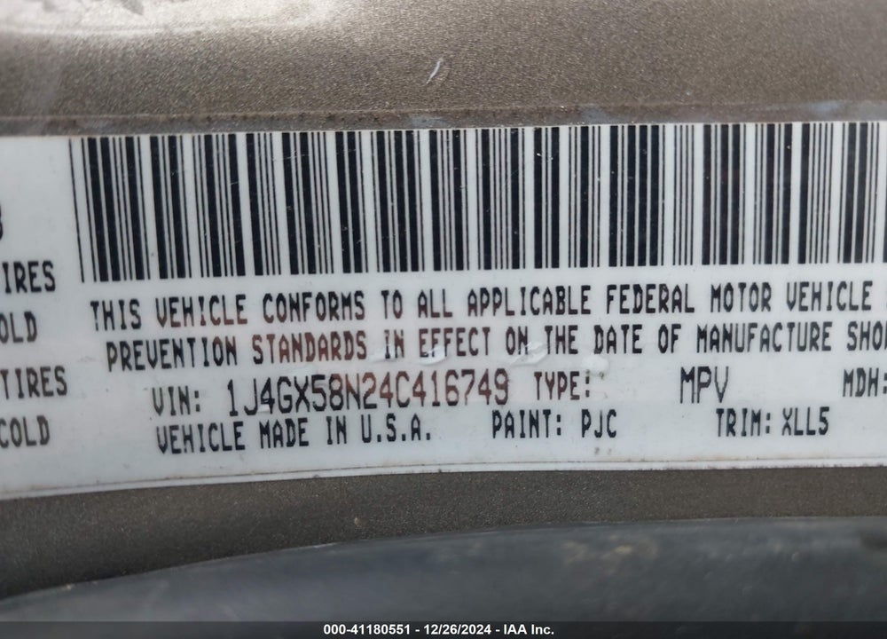 2004 JEEP GRAND CHEROKEE LIMITED VIN: 1J4GX58N24C416749