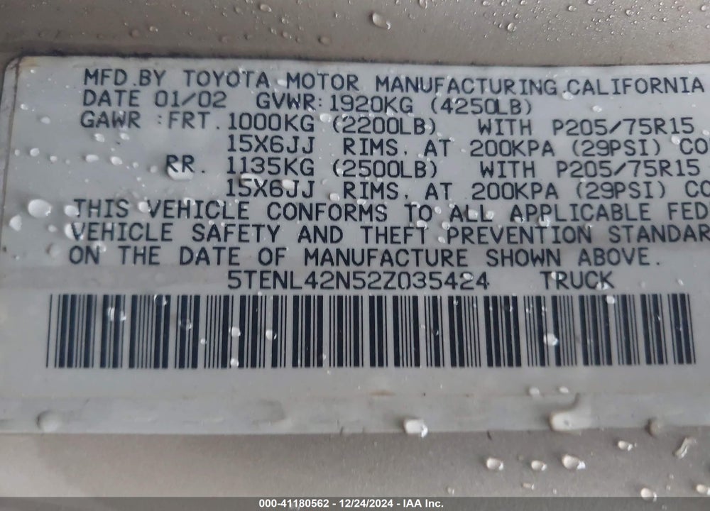 2002 TOYOTA TACOMA VIN: 5TENL42N52Z035424