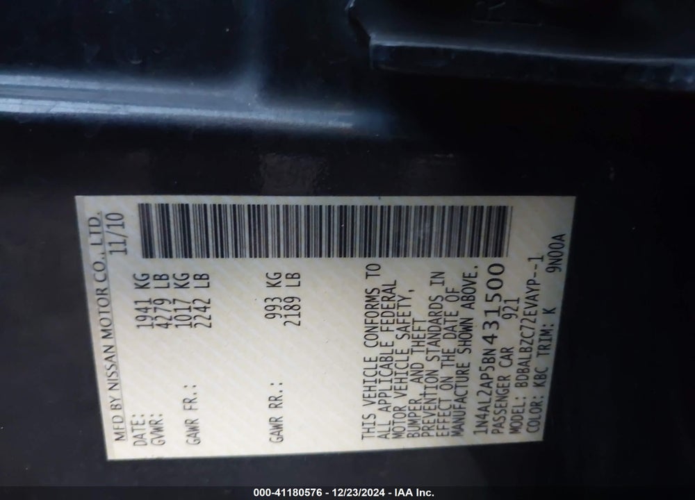 2011 NISSAN ALTIMA VIN: 1N4AL2AP5BN431500