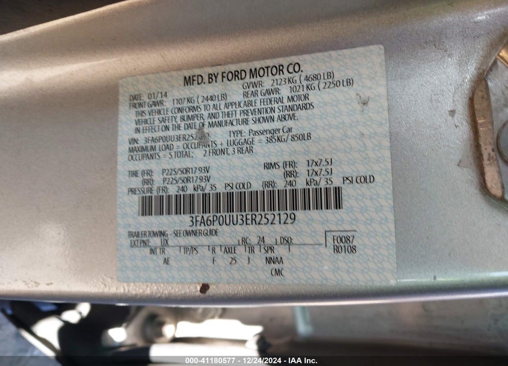 2014 FORD FUSION HYBRID VIN: 3FA6P0UU3ER252129
