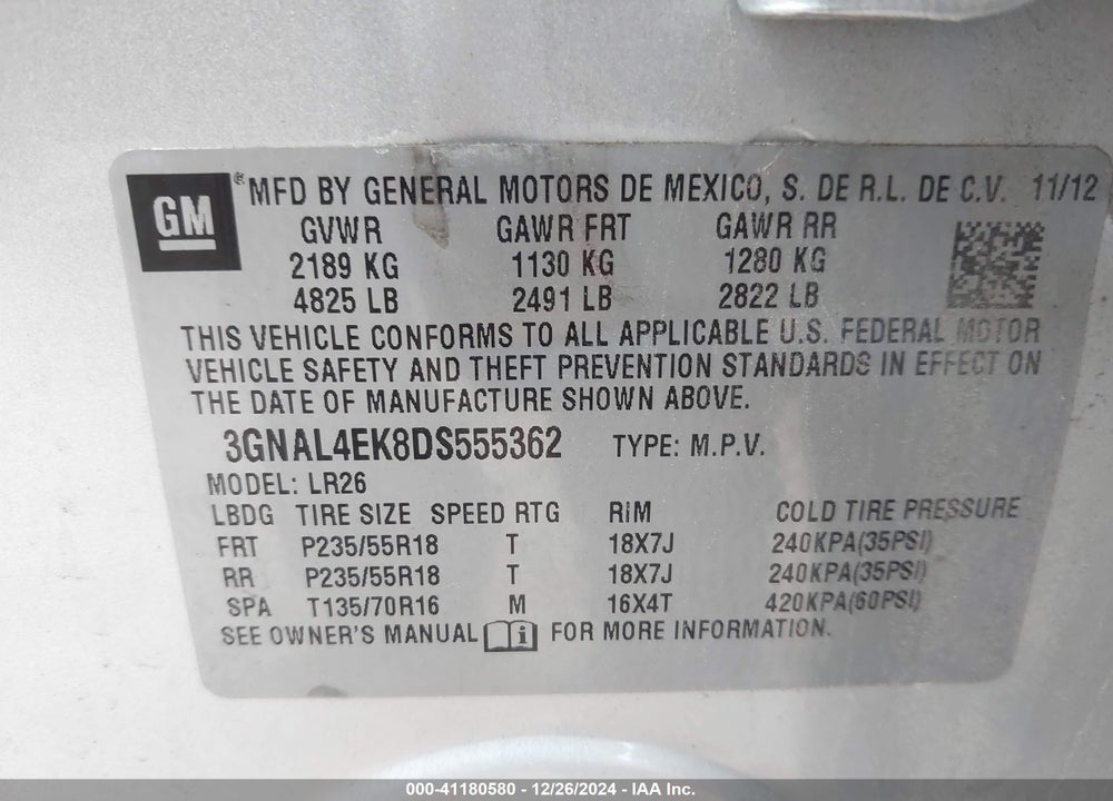 2013 CHEVROLET CAPTIVA SPORT LTZ VIN: 3GNAL4EK8DS555362