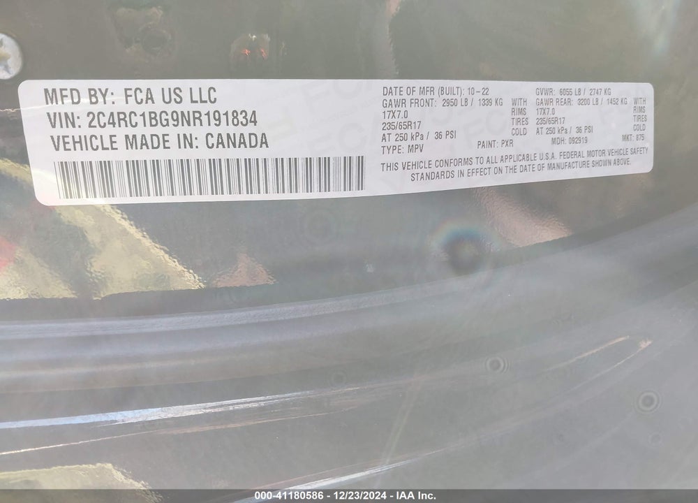 2022 CHRYSLER PACIFICA TOURING L VIN: 2C4RC1BG9NR191834