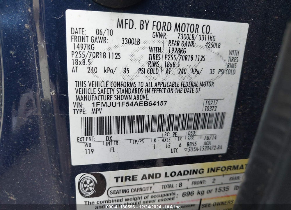2010 FORD EXPEDITION XLT VIN: 1FMJU1F54AEB64157