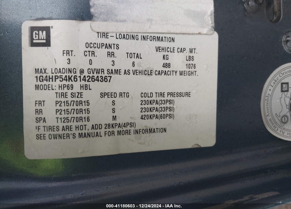 2001 BUICK LESABRE CUSTOM VIN: 1G4HP54K614264367