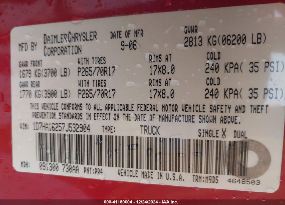 2007 DODGE RAM 1500 SLT/SPORT VIN: 1D7HA16257J532904