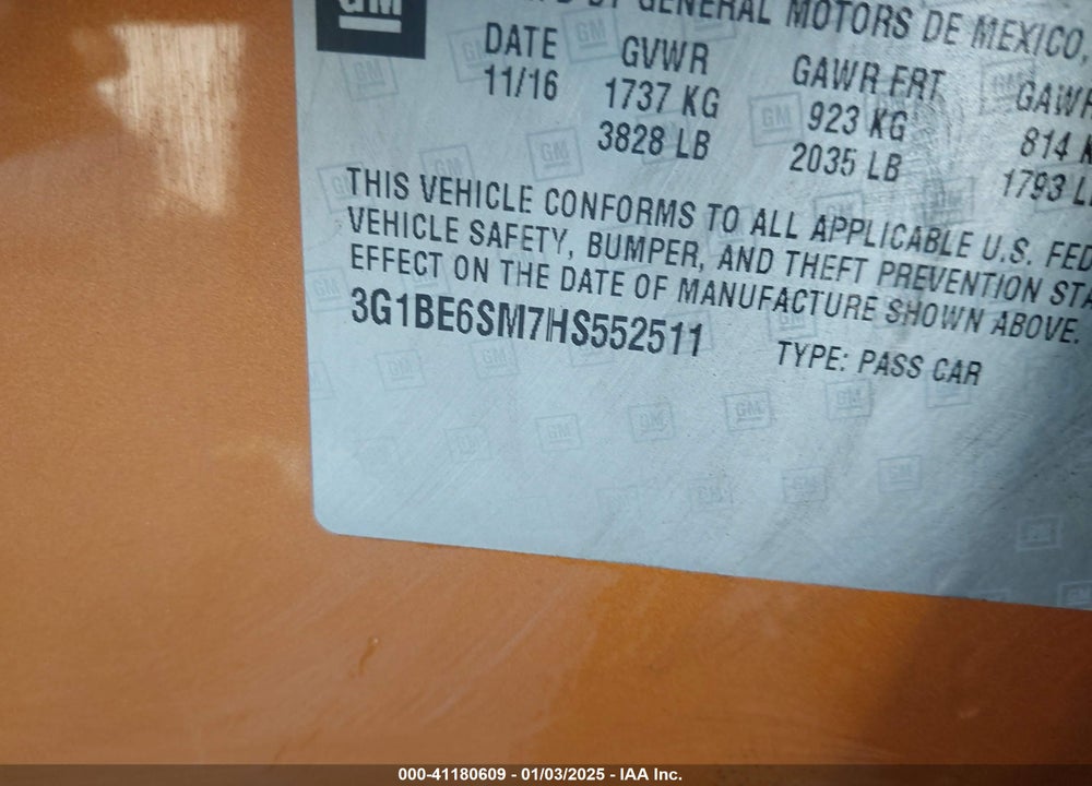 2017 CHEVROLET CRUZE LT AUTO VIN: 3G1BE6SM7HS552511
