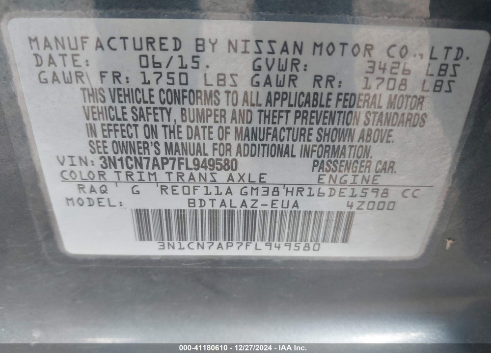 2015 NISSAN VERSA VIN: 3N1CN7AP7FL949580