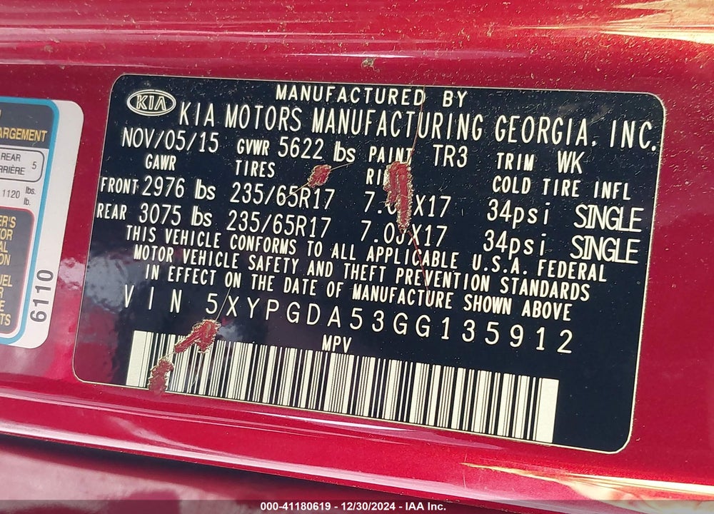 2016 KIA SORENTO 3.3L LX VIN: 5XYPGDA53GG135912