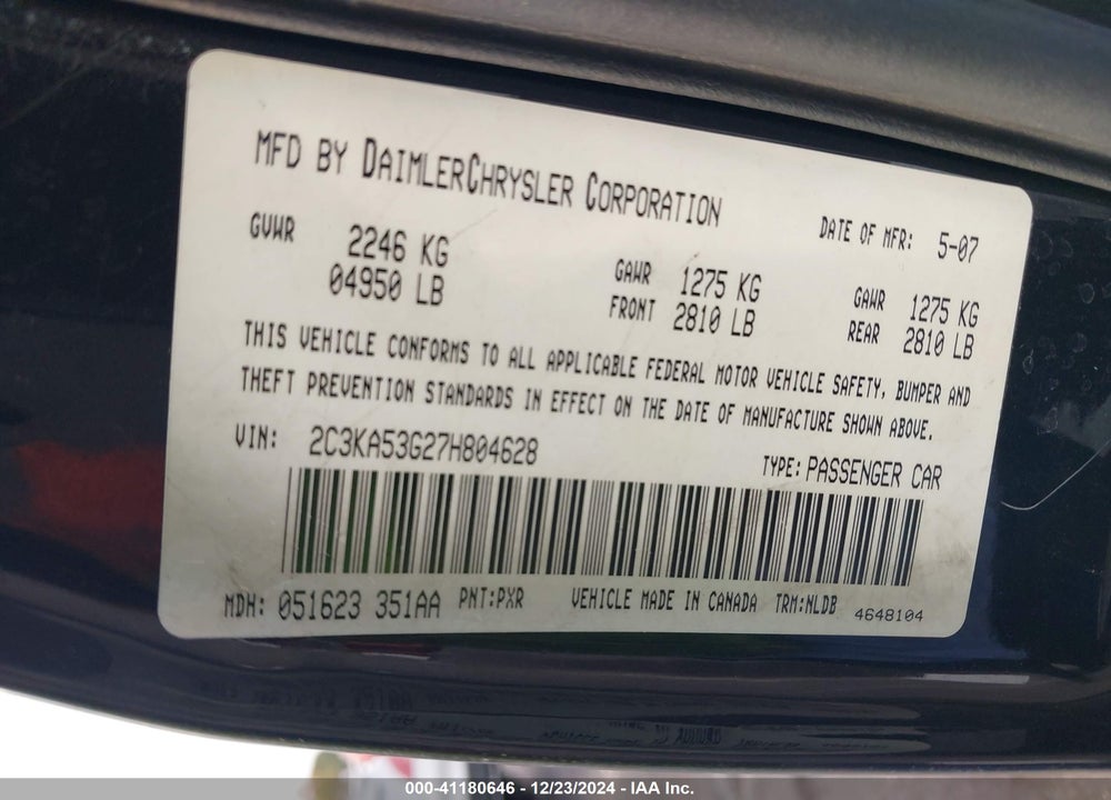 2007 CHRYSLER 300 TOURING VIN: 2C3KA53G27H804628