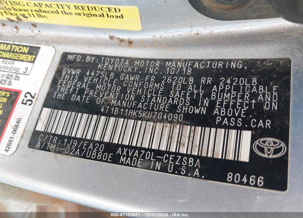 2019 TOYOTA CAMRY SE VIN: 4T1B11HK5KU704090