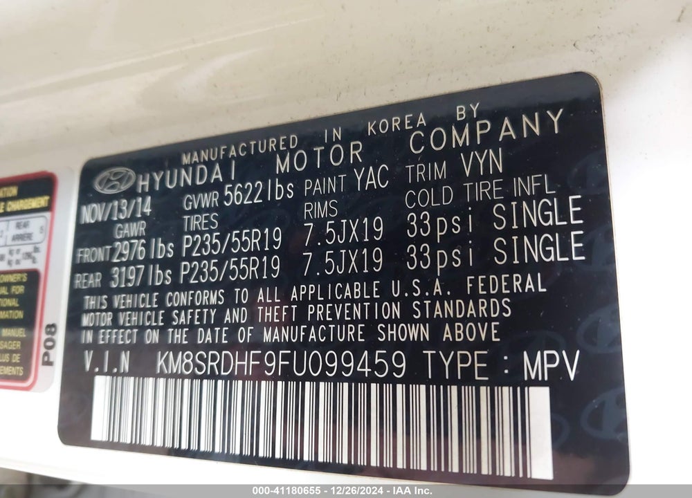 2015 HYUNDAI SANTA FE GLS VIN: KM8SRDHF9FU099459