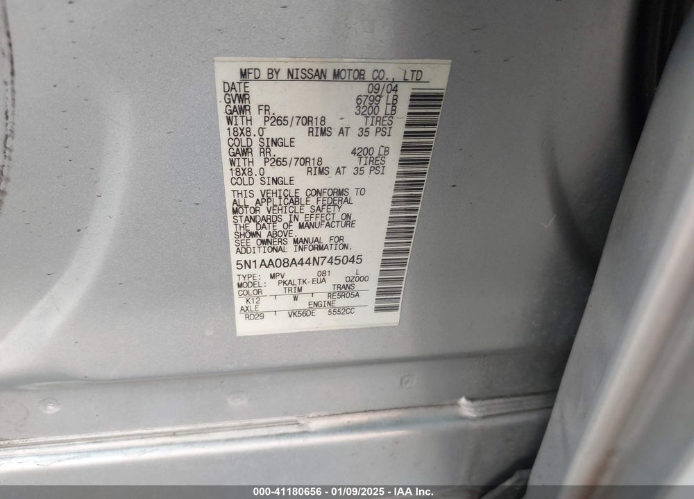 2004 NISSAN PATHFINDER ARMADA SE VIN: 5N1AA08A44N745045