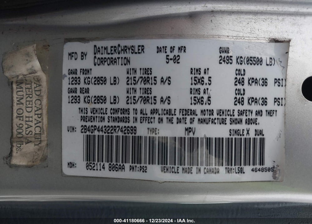 2002 DODGE GRAND CARAVAN SPORT VIN: 2B4GP44322R742699