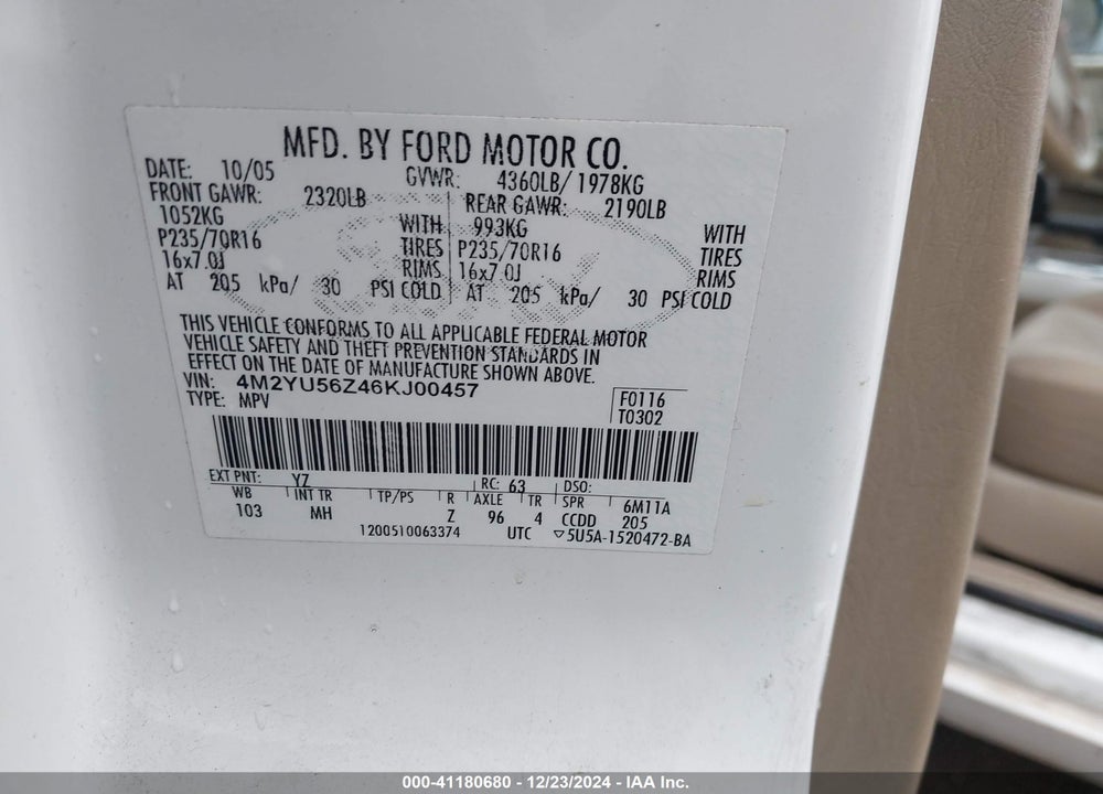 2006 MERCURY MARINER CONVENIENCE VIN: 4M2YU56Z46KJ00457