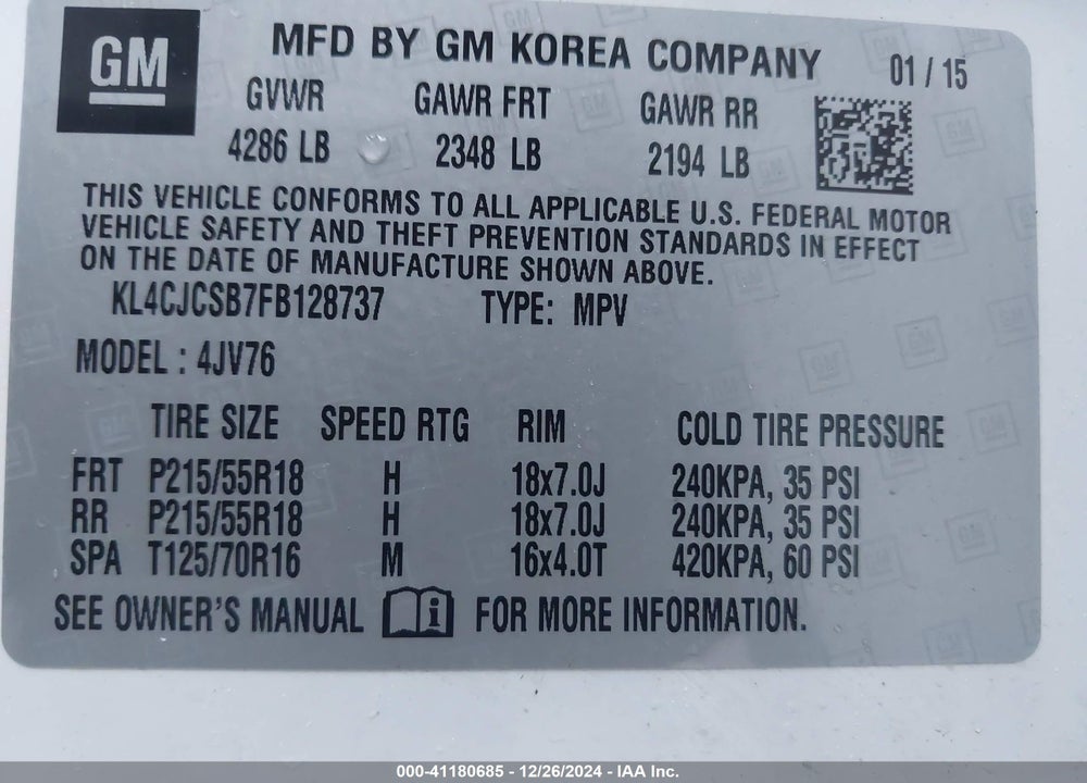2015 BUICK ENCORE LEATHER VIN: KL4CJCSB7FB128737