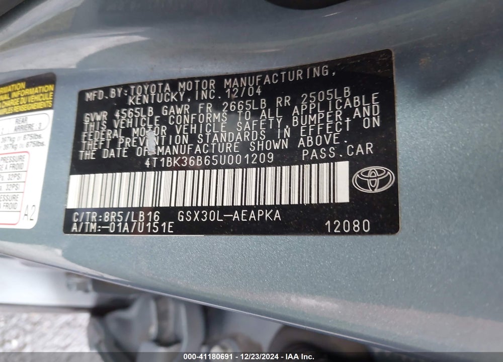 2005 TOYOTA AVALON LIMITED VIN: 4T1BK36B65U001209