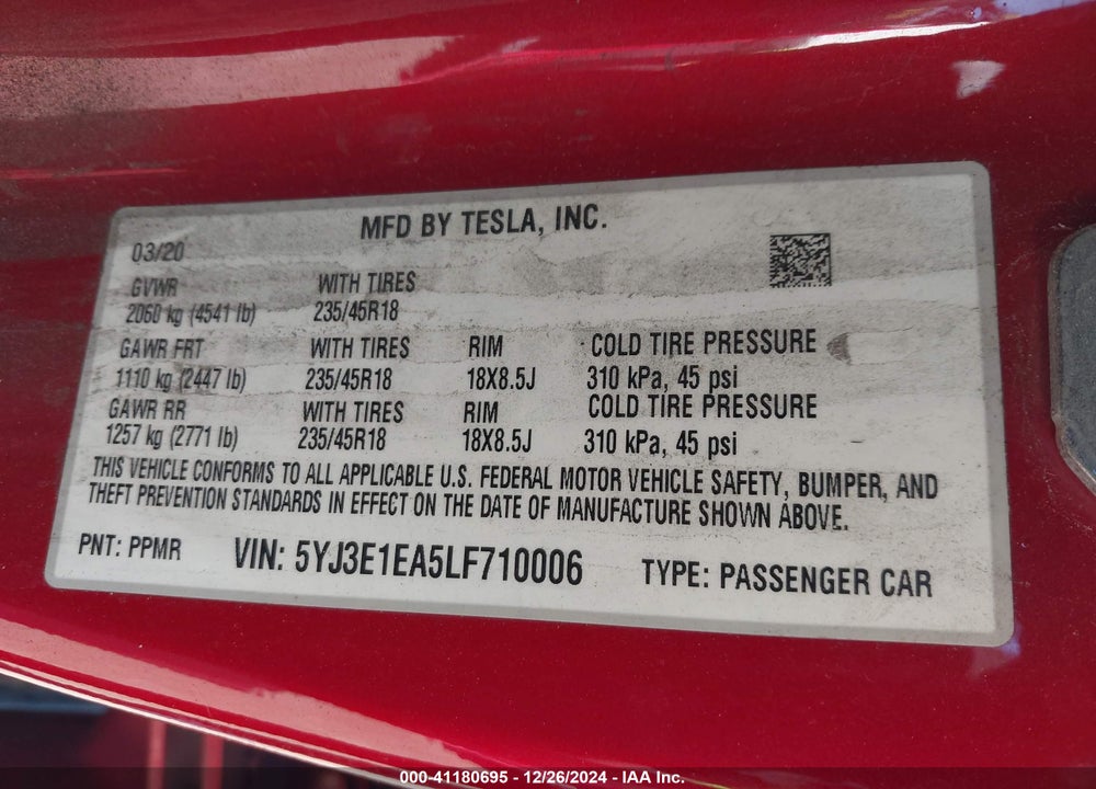 2020 TESLA MODEL 3 VIN: 5YJ3E1EA5LF710006
