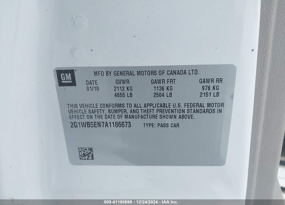 2010 CHEVROLET IMPALA VIN: 2G1WB5EN7A1186673