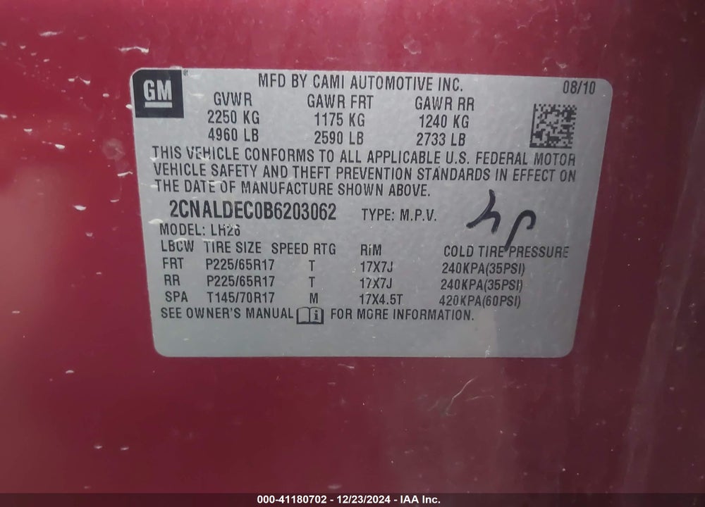 2011 CHEVROLET EQUINOX 1LT VIN: 2CNALDEC0B6203062