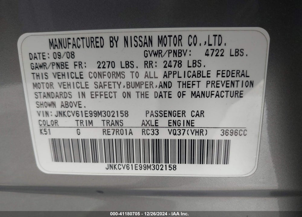 2009 INFINITI G37 JOURNEY VIN: JNKCV61E99M302158