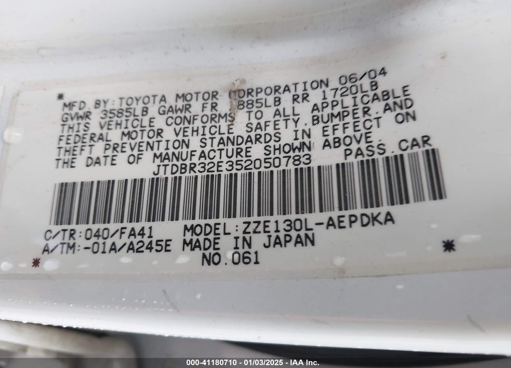 2005 TOYOTA COROLLA CE VIN: JTDBR32E352050783