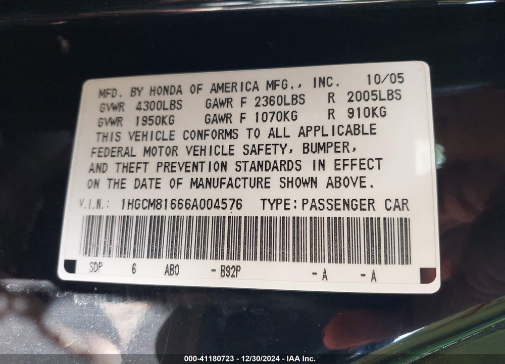 2006 HONDA ACCORD 3.0 EX VIN: 1HGCM81666A004576